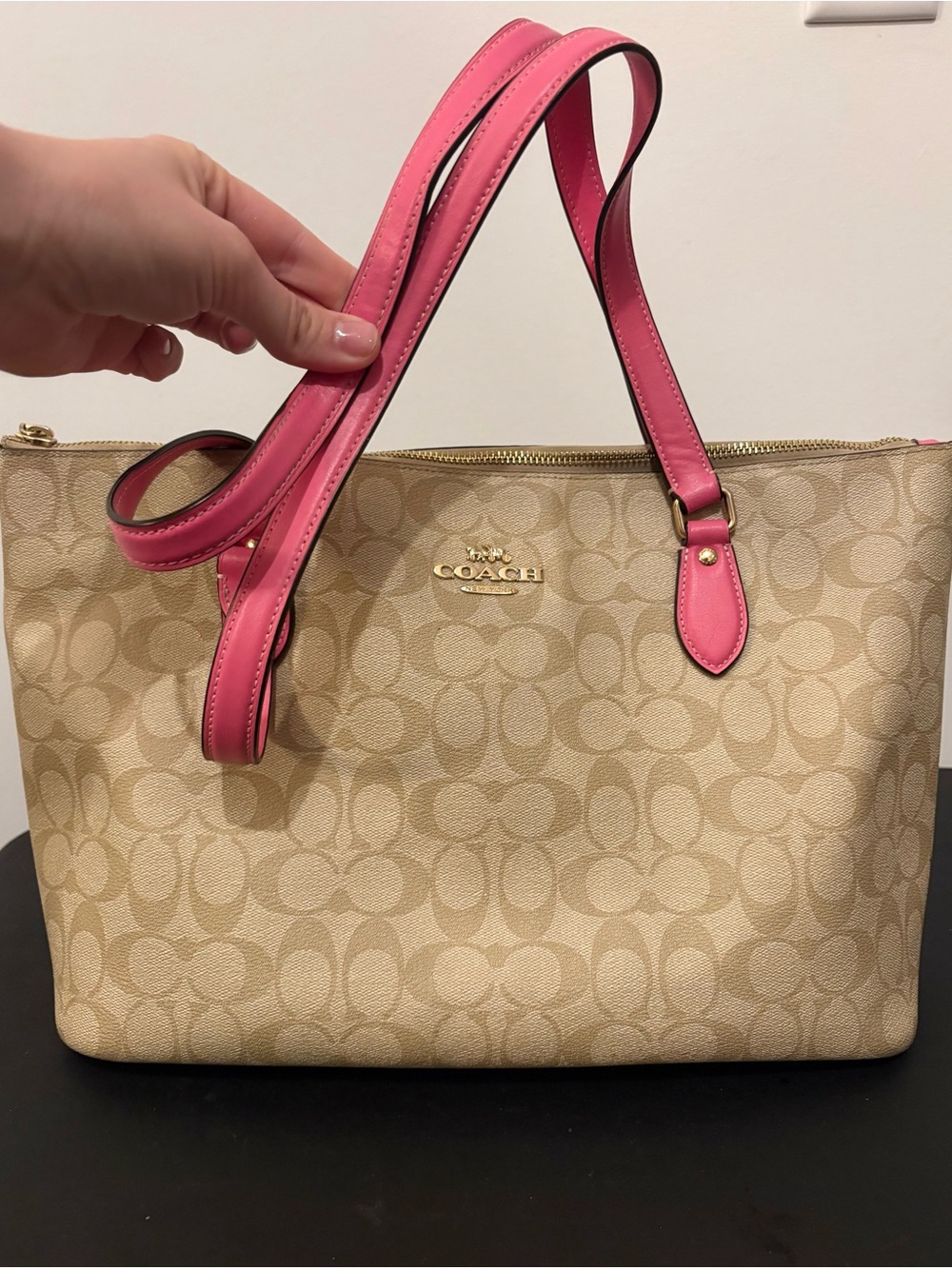 Coach Beige Signature Canvas Tote with Pink Leather Straps